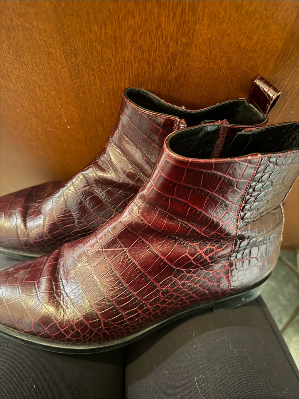 Club Monaco Women's Burgundy Croc-Embossed Ankle Boots